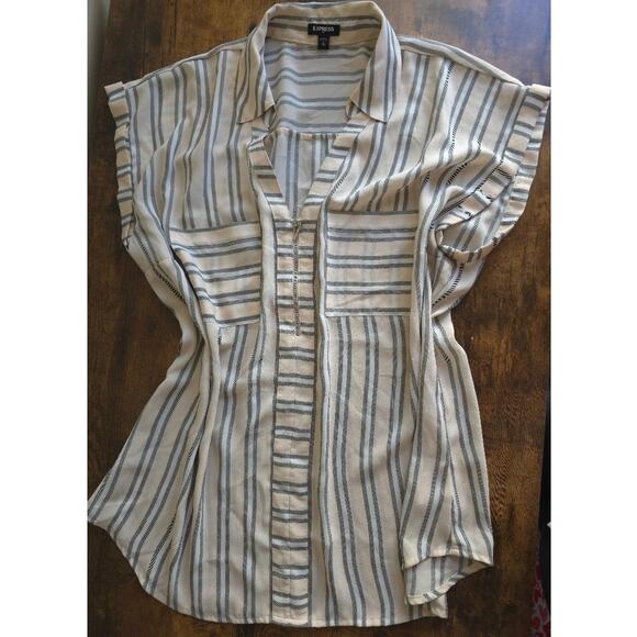 Express Tops - Express Striped Zip-Front Blouse – Cream & Charcoal Vertical Stripe (Size XL)